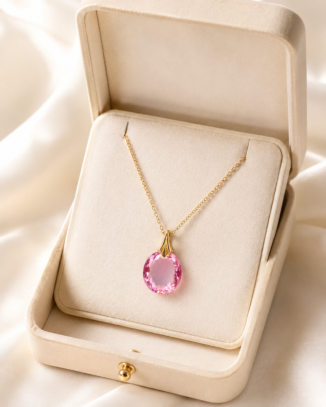 A gold chain necklace with a pink oval gemstone pendant, displayed inside an open cream-colored velvet jewelry box on a soft white fabric background.