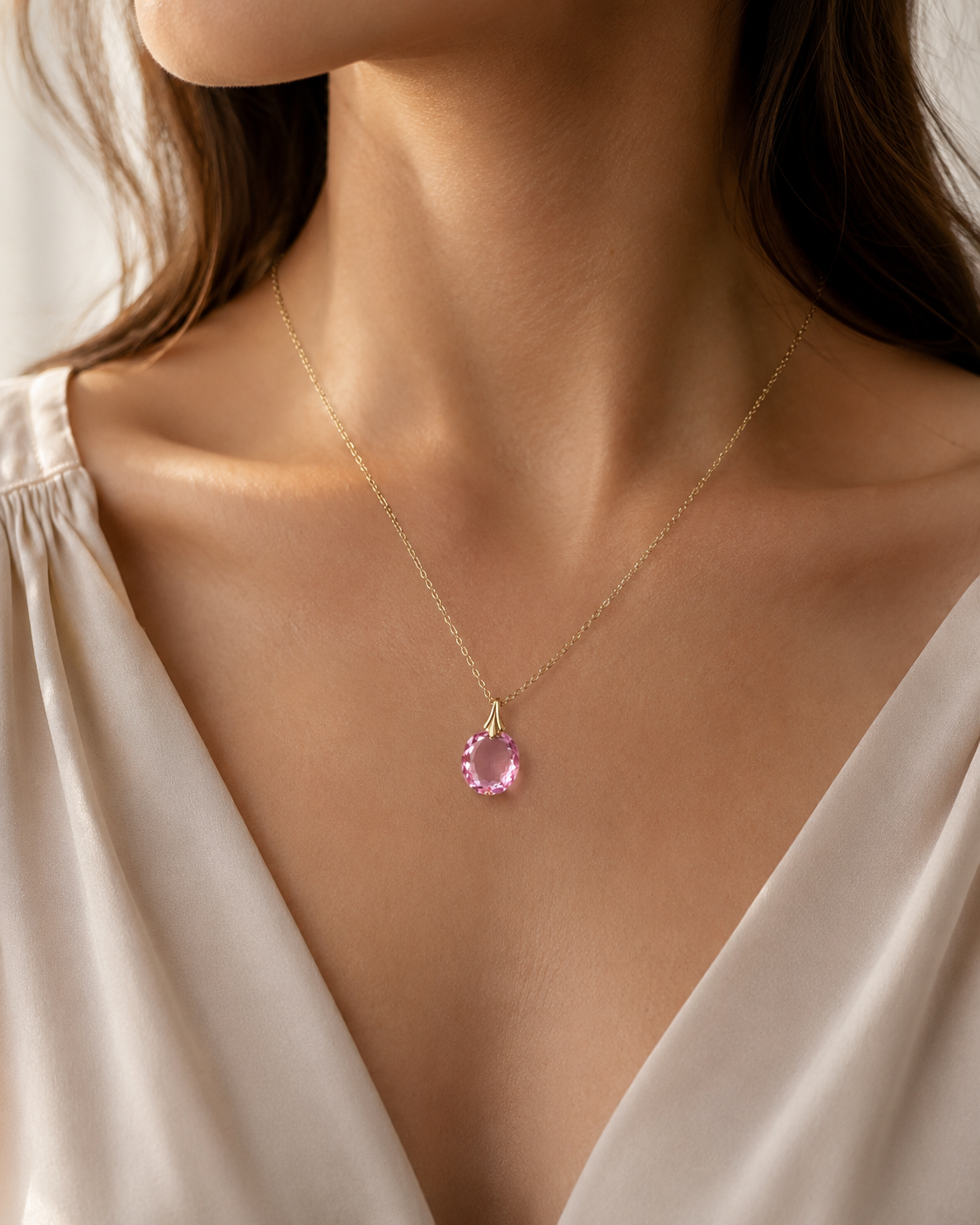 A delicate gold chain necklace with a round pink gemstone pendant, worn by a model in a cream-colored satin top.