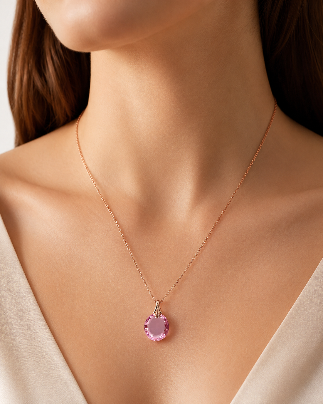 A close-up of a model wearing a delicate rose gold chain necklace with a round faceted pink gemstone pendant.