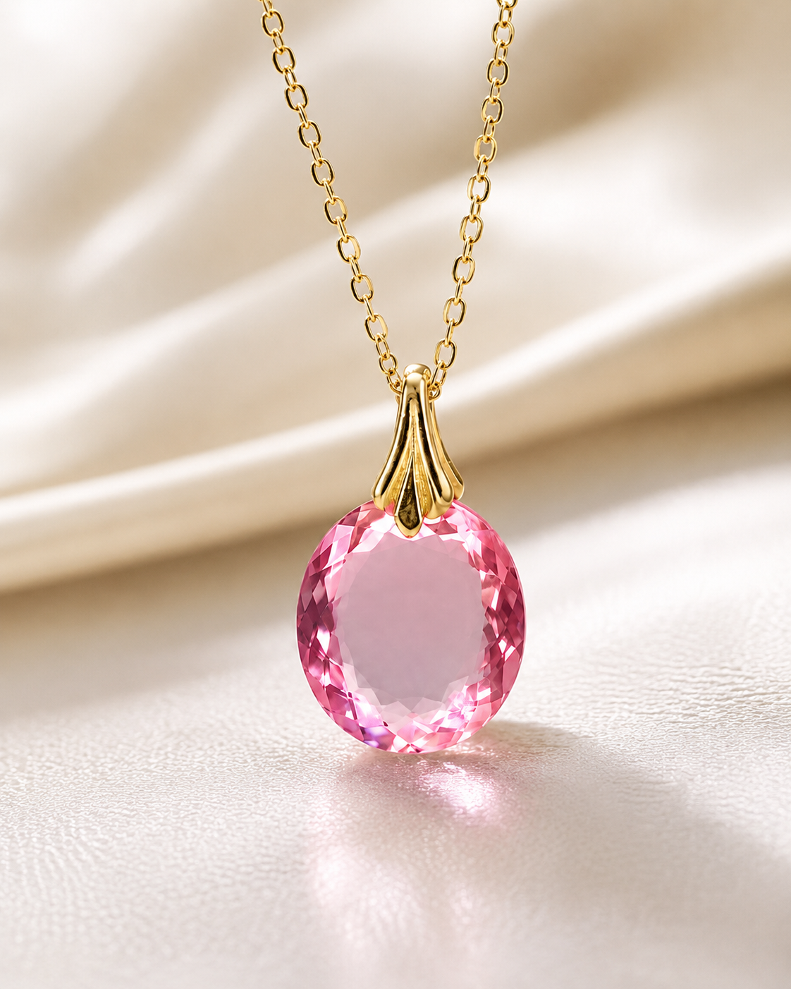 A gold chain necklace with a faceted pink oval pendant, displayed on a soft beige satin fabric background.