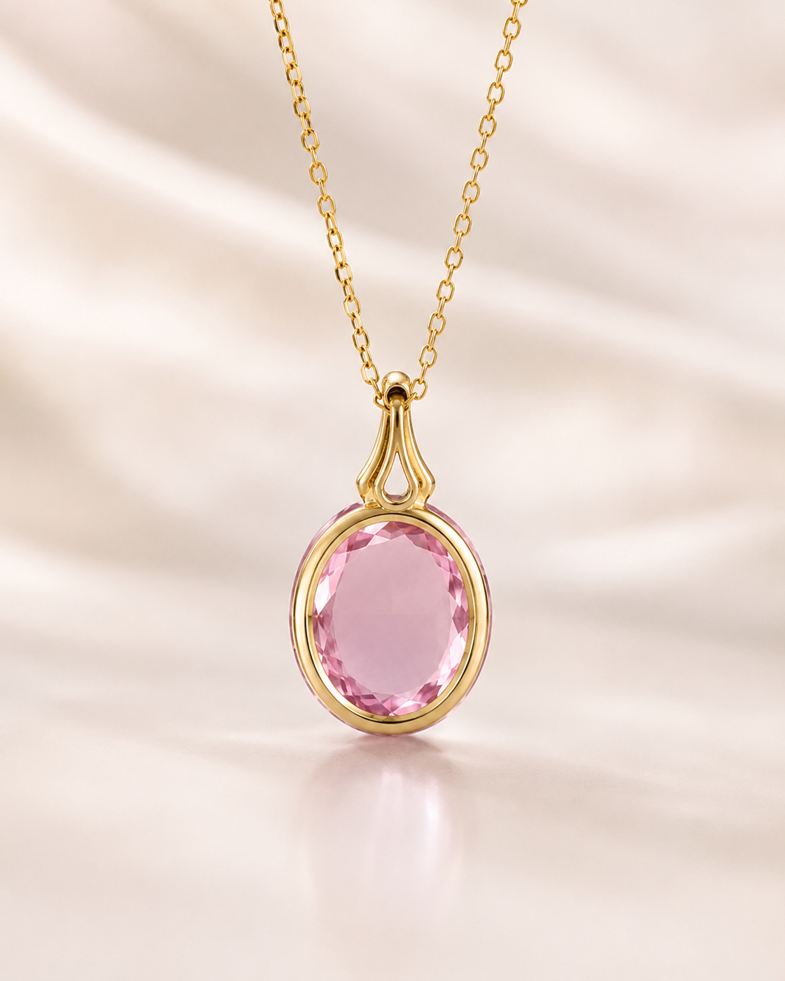 A gold pendant necklace featuring an oval pink gemstone in a polished gold bezel setting, suspended from a delicate gold chain against a soft, draped cream satin background.