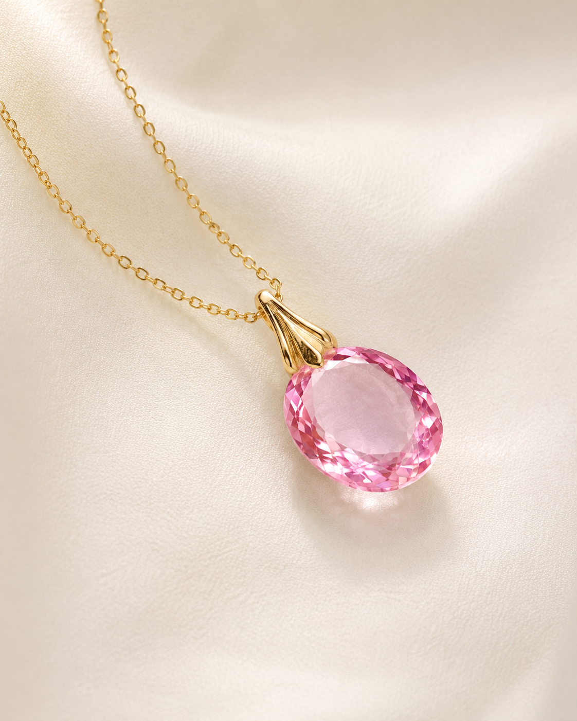 A gold chain necklace with a teardrop-shaped pink gemstone pendant, displayed on a soft, cream-colored fabric background.