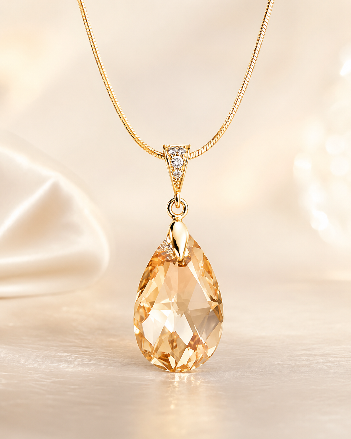A gold teardrop pendant necklace with a faceted peach-colored crystal and small clear accent stones on the bail, displayed on a soft cream satin surface.