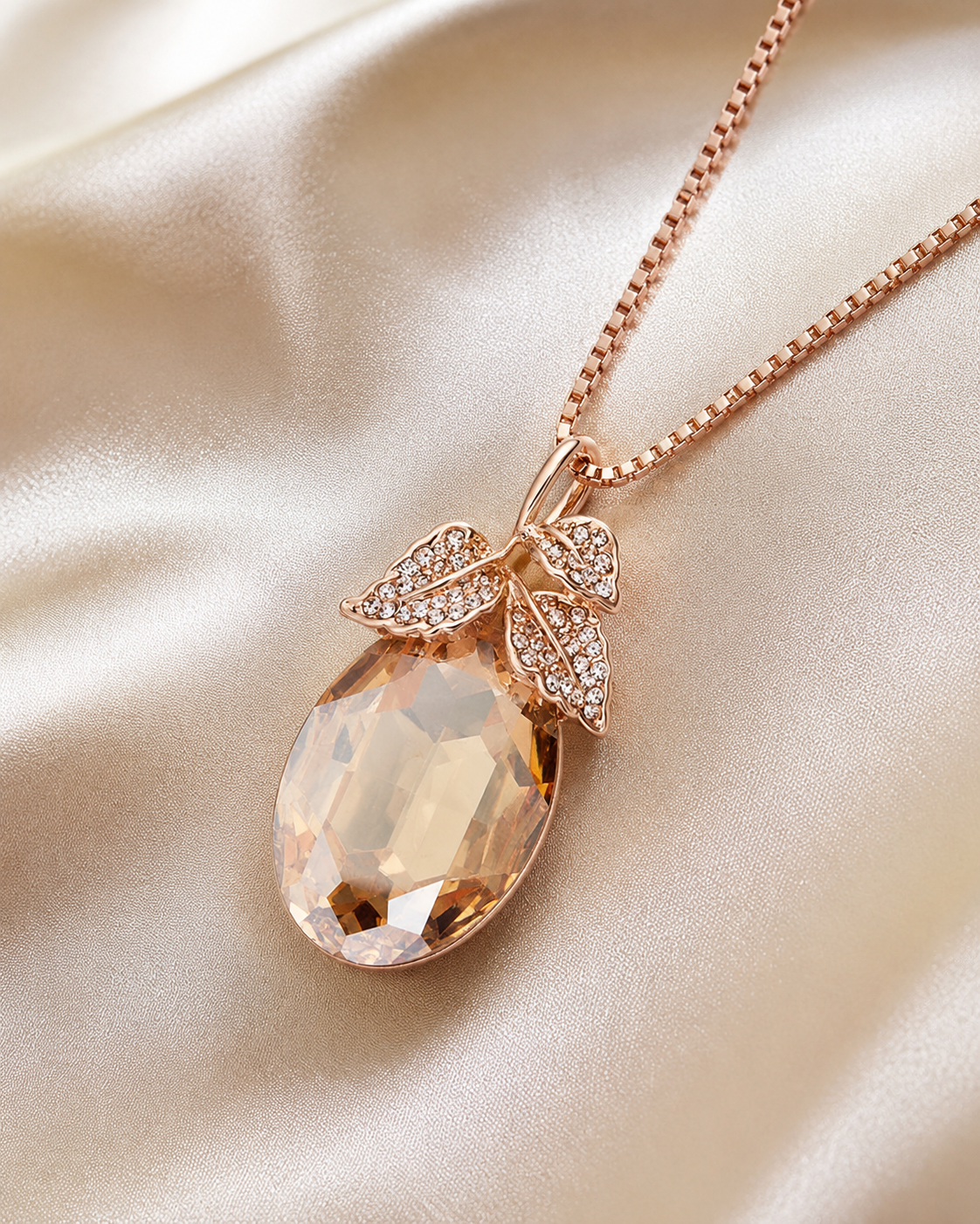 Rose gold pendant necklace featuring a faceted peach crystal pendant and leaf-shaped crystal accents on a matching chain, displayed on a draped beige satin fabric.