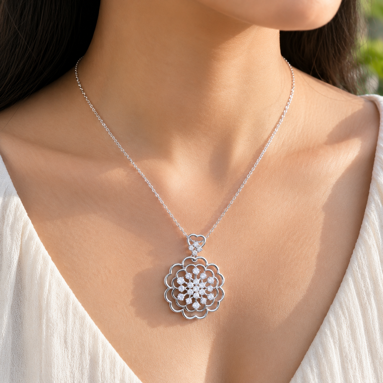 A close-up of a woman wearing a delicate silver chain necklace with a circular floral pendant featuring clear stones.
