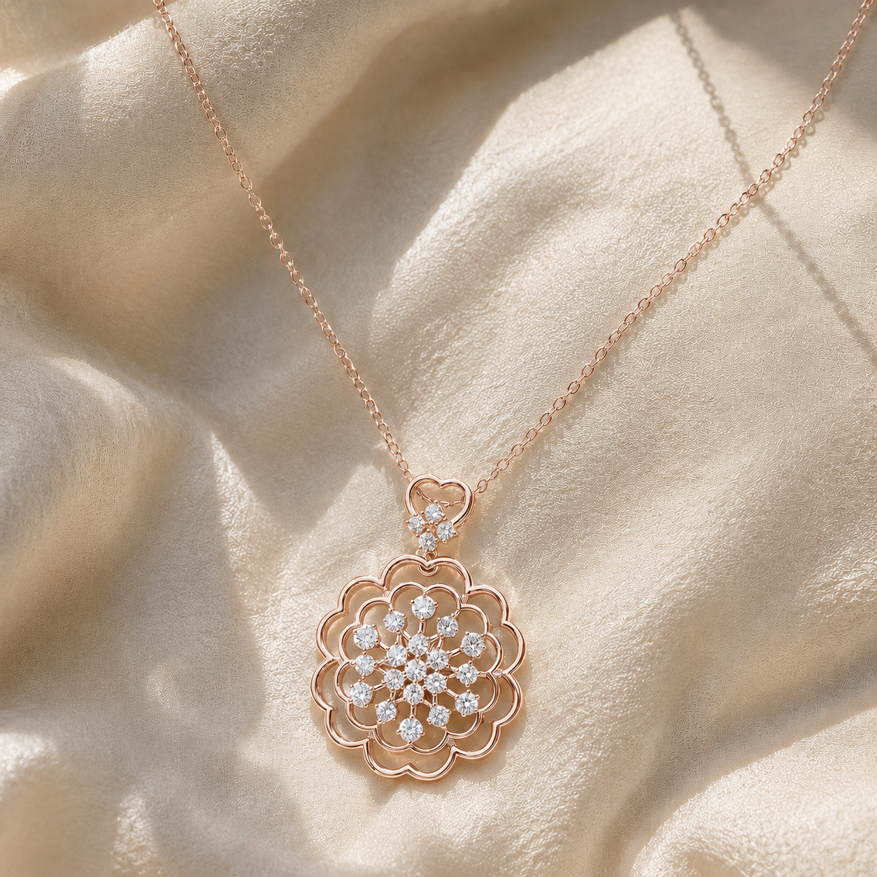 Rose gold floral pendant necklace with clear gemstones, displayed on draped cream-colored satin fabric.