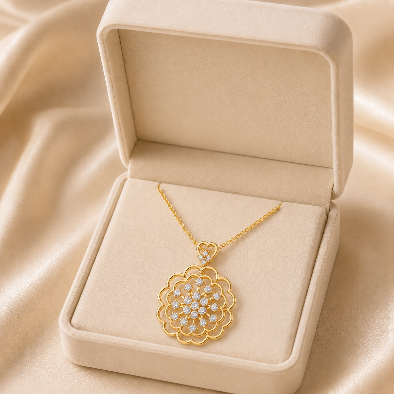 A gold pendant necklace with a floral design and small clear stones, displayed inside an open cream-colored jewelry box on a soft beige satin background.