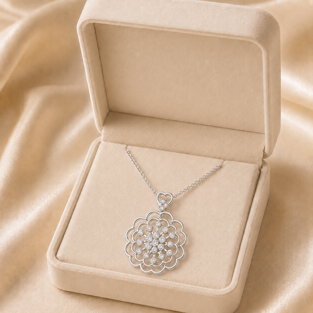 A silver floral pendant necklace with clear stones, displayed in an open beige velvet jewelry box on a draped satin fabric background.