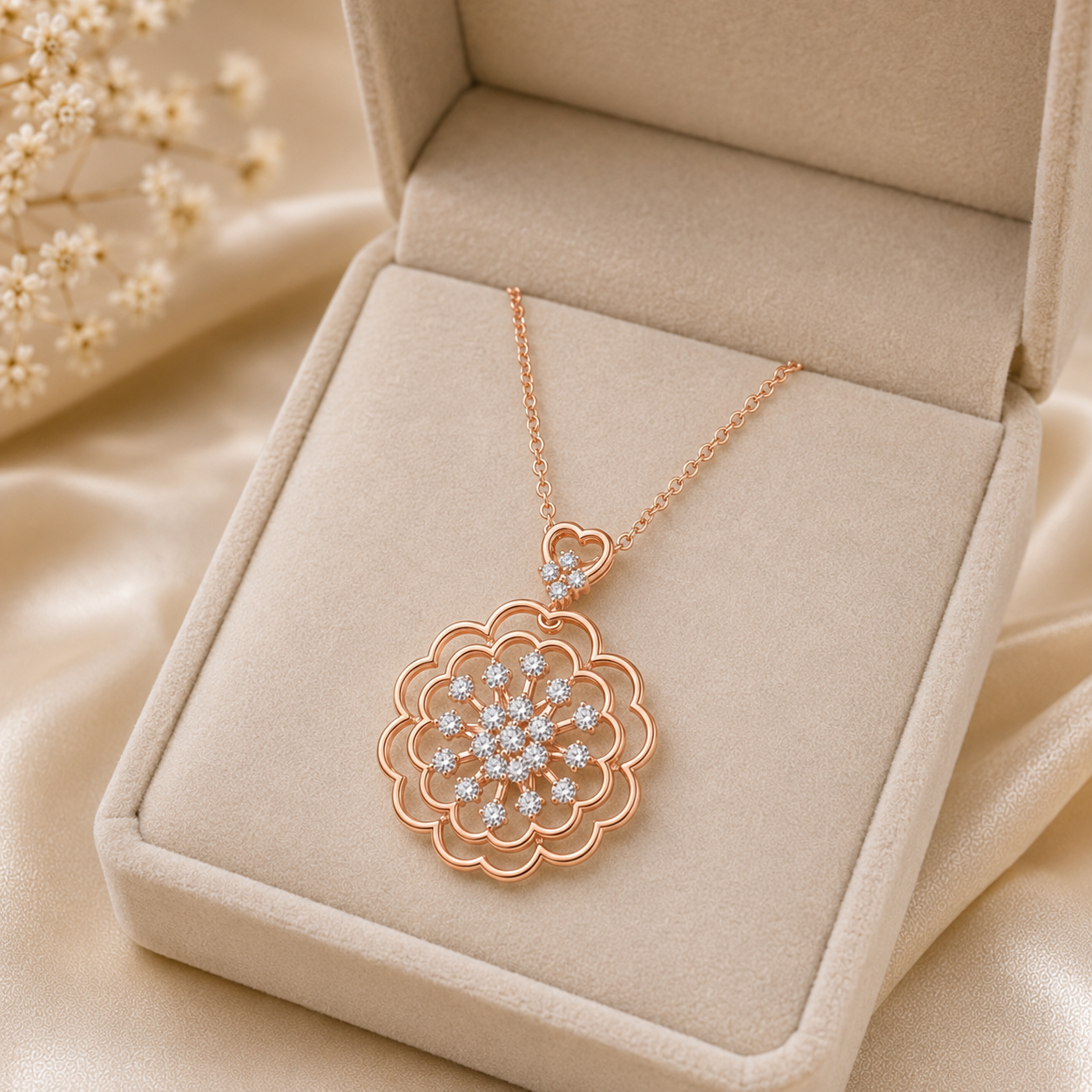 A rose gold floral pendant necklace with clear crystals, displayed inside a beige velvet jewelry box on a satin fabric background.