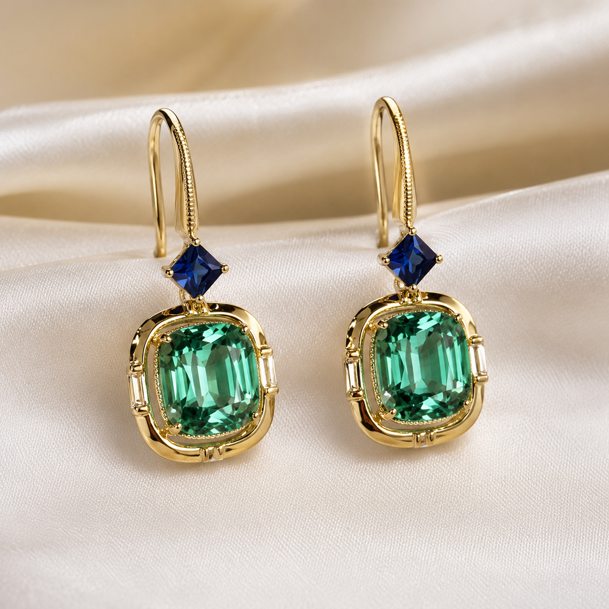 A pair of gold drop earrings with rectangular emerald-cut green stones and small blue square accents, displayed on a draped cream satin fabric.