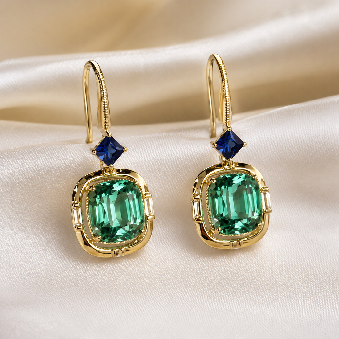 A pair of gold drop earrings with rectangular emerald-cut green stones and small blue square accents, displayed on a draped cream satin fabric.