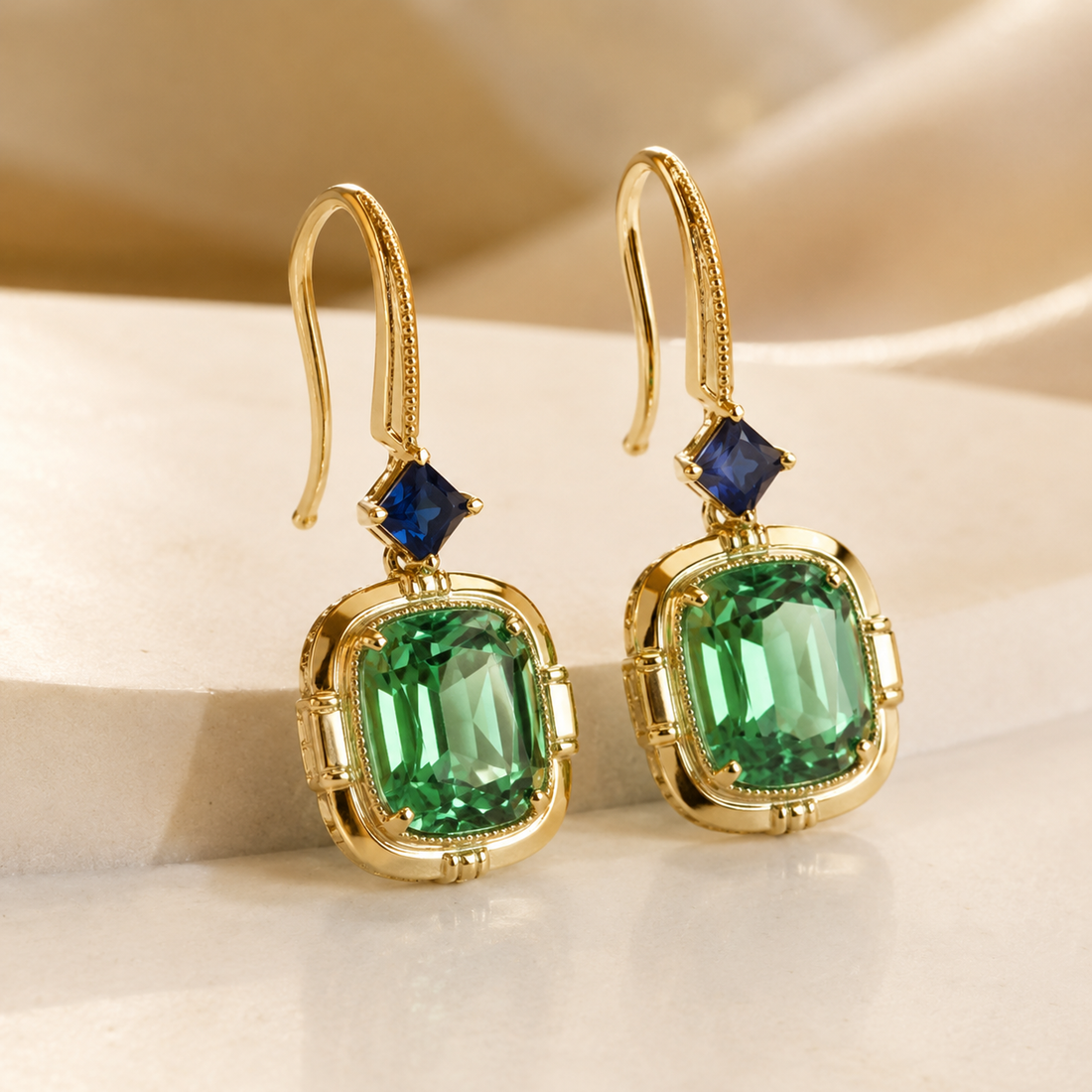 A pair of gold drop earrings with large green rectangular emerald-cut stones, smaller blue square stones above, and textured gold hooks, displayed on a light beige surface.