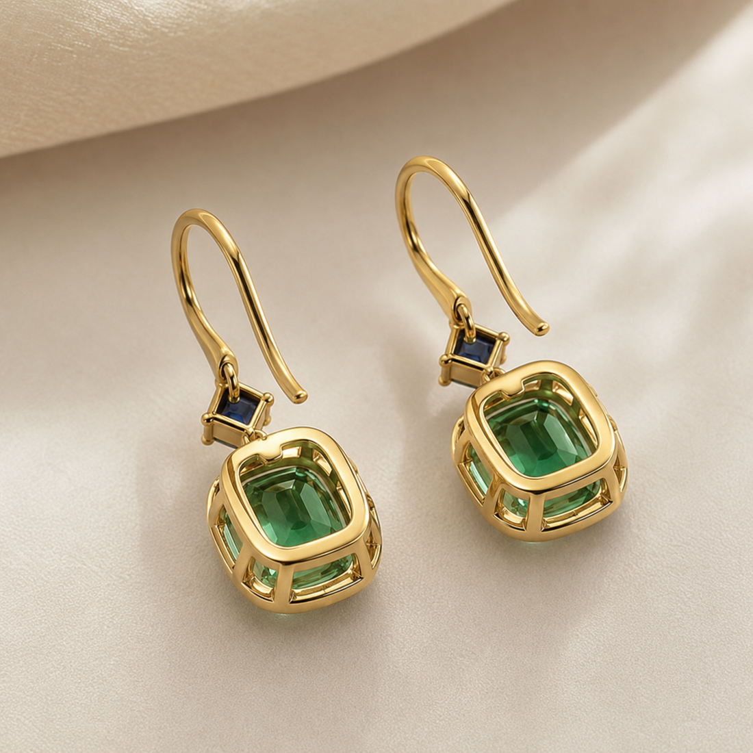 A pair of gold drop earrings with square-cut green gemstones and small dark blue accent stones, displayed on a soft beige fabric background.