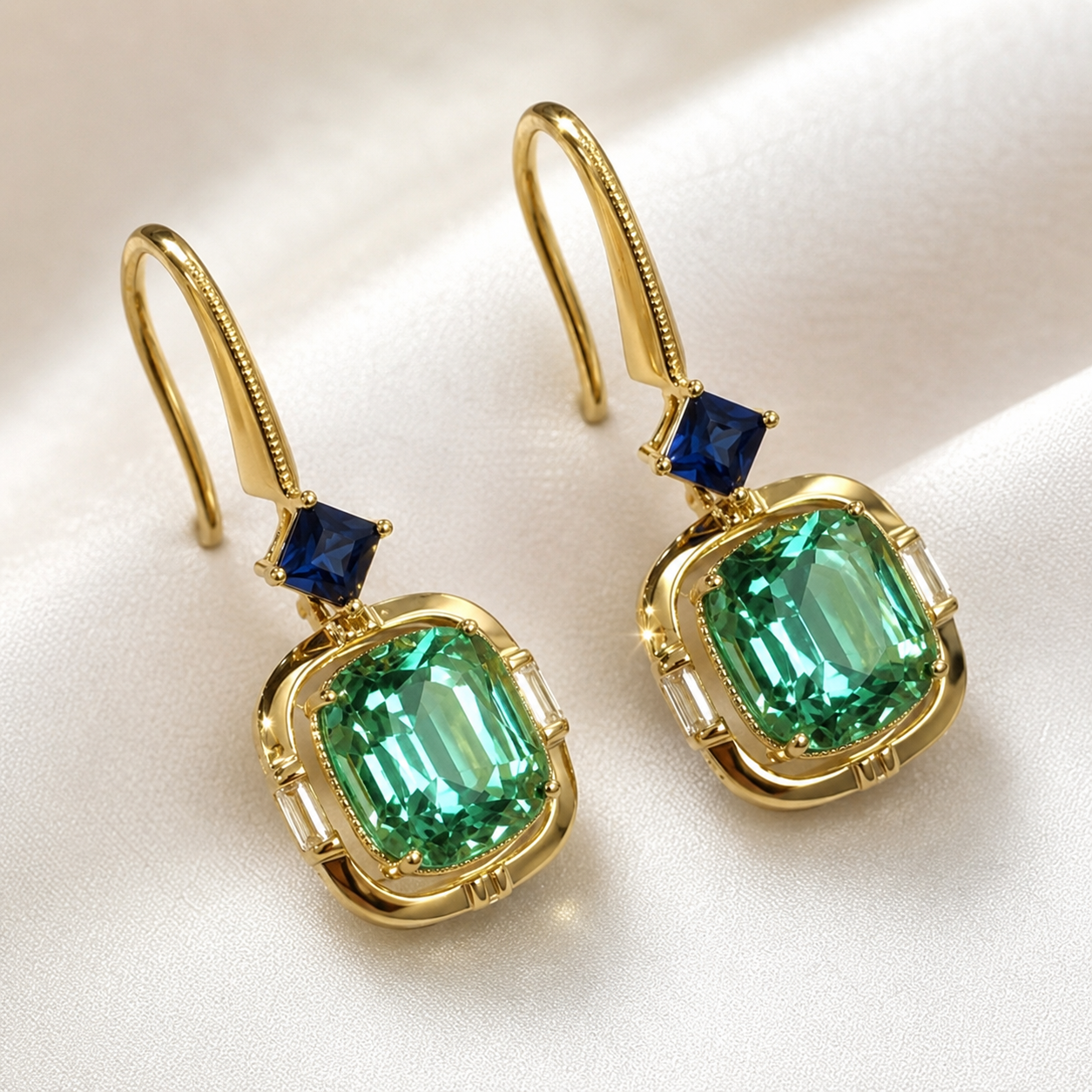 A pair of gold drop earrings with large emerald-cut green stones and small square blue stones above, displayed on a soft white fabric background.