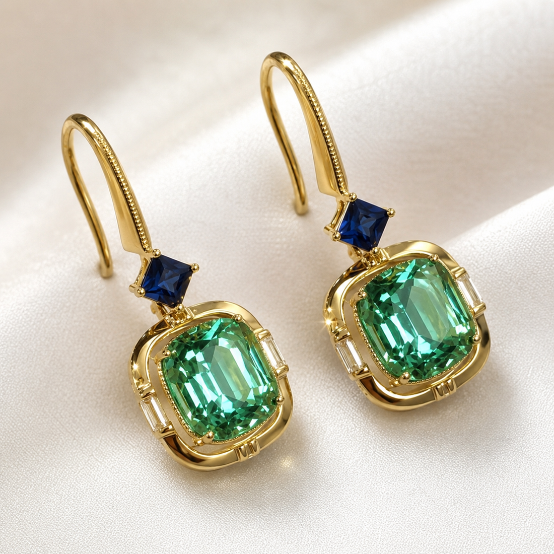 A pair of gold drop earrings with large emerald-cut green stones and small square blue stones above, displayed on a soft white fabric background.