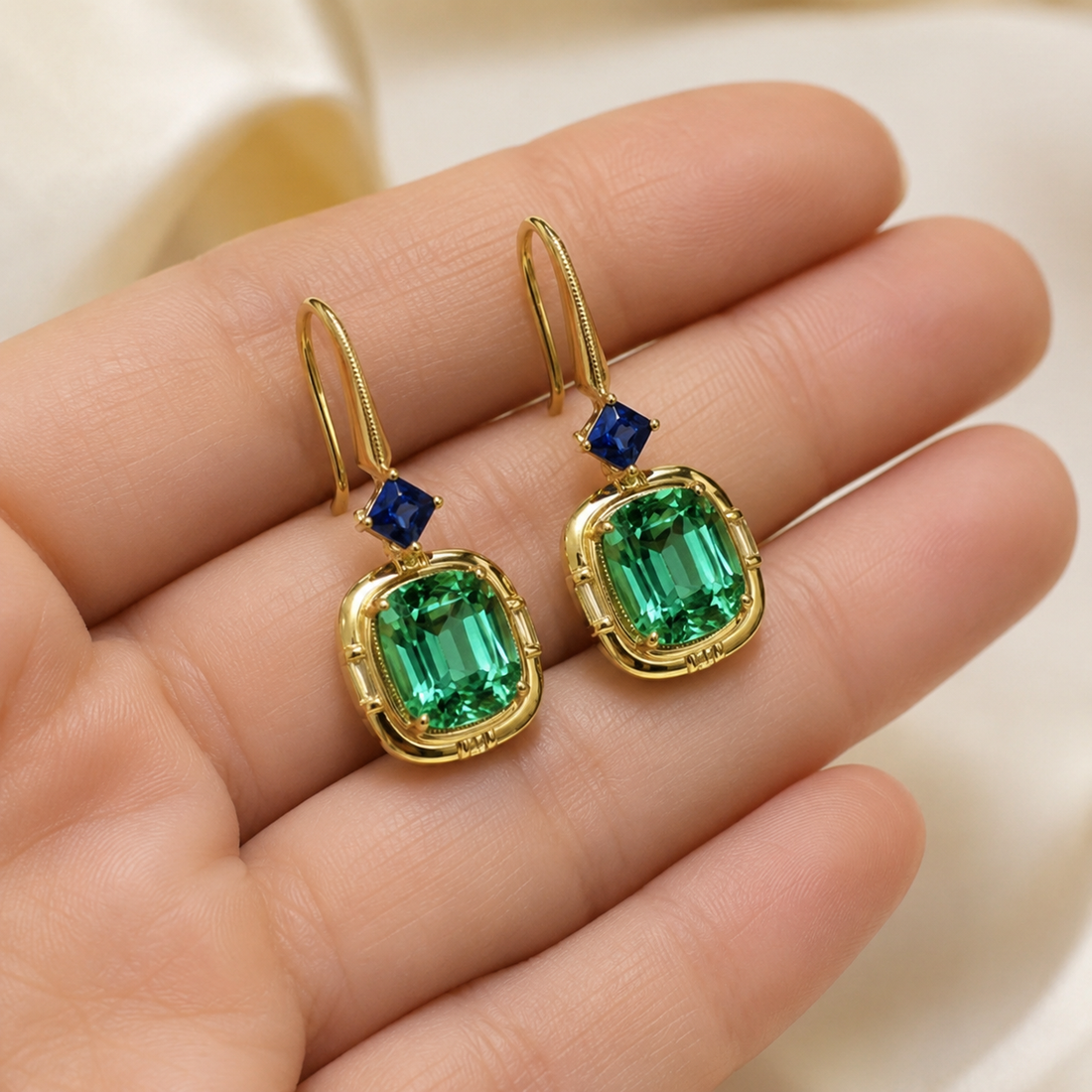 A pair of gold drop earrings with large emerald-cut green gemstones and small blue accent stones, displayed on a person's hand against a soft cream background.