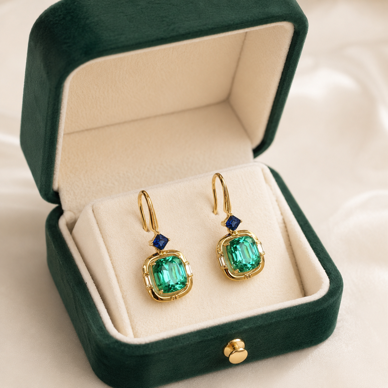 A pair of gold drop earrings with large emerald-cut green center stones and small dark blue accent stones, displayed in an open dark green velvet jewelry box on a soft cream satin background.