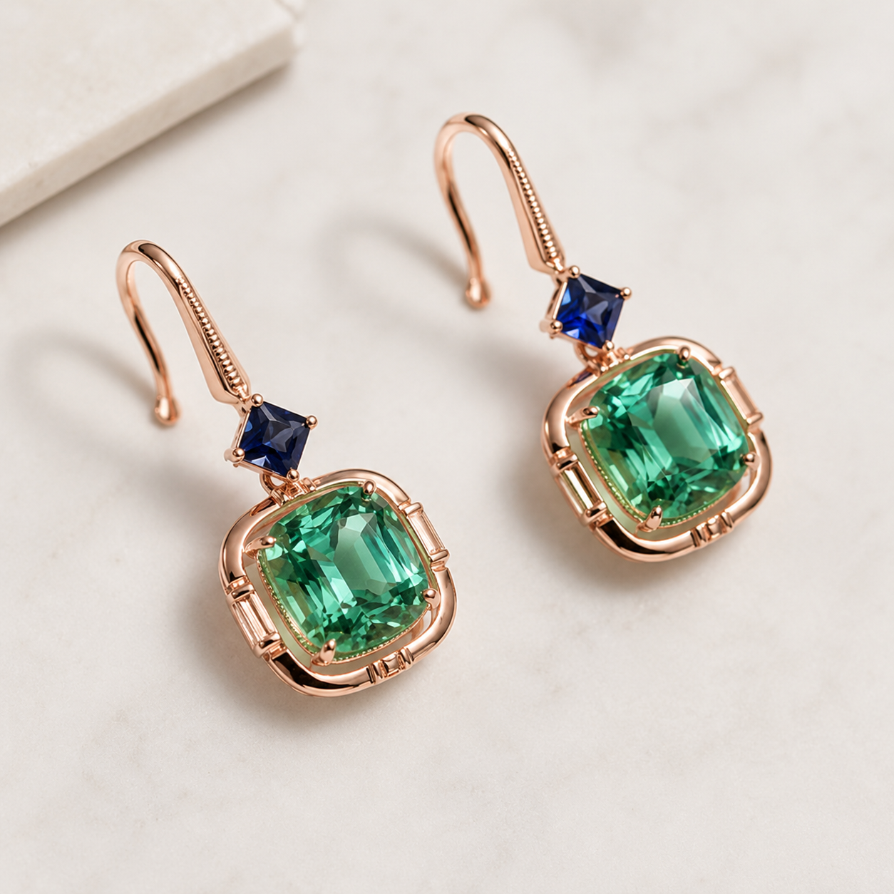 A pair of rose gold drop earrings featuring cushion-cut emerald green gemstones and small blue triangular accent stones, displayed on a light marble surface.