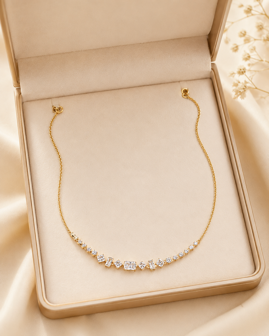 A delicate gold chain necklace with a curved row of clear gemstones, presented inside an open beige jewelry box on a soft satin fabric background.
