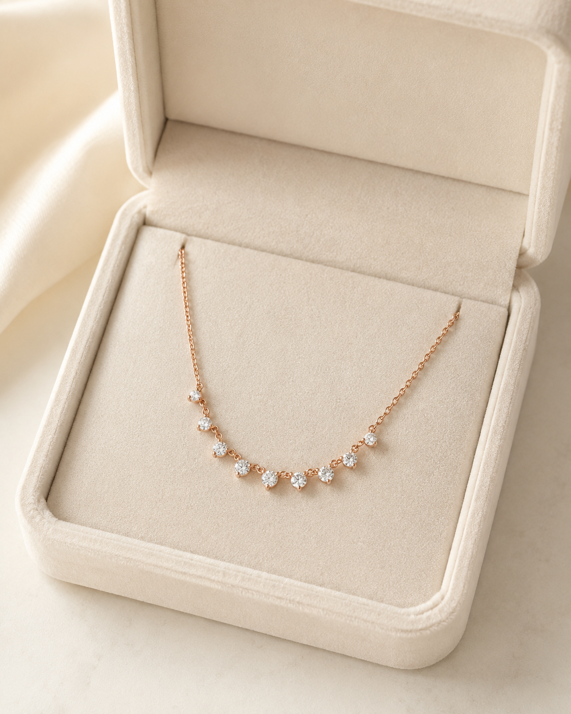 A delicate rose gold necklace with small clear gemstones displayed inside an open cream-colored velvet jewelry box.