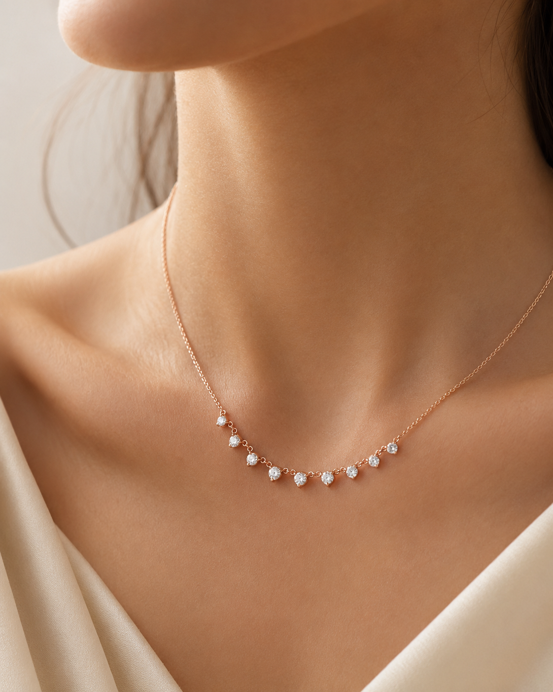 A delicate rose gold necklace with a row of small white pearls and clear crystal accents, shown worn on a model's neck.