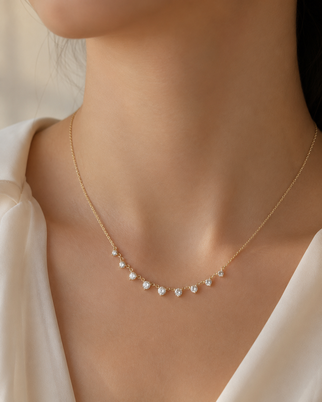 A delicate gold necklace with small white pearls and clear stones, worn on a model's neck over a cream-colored blouse.