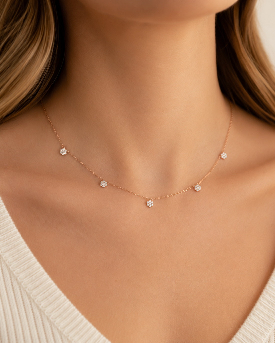 Kiashaa Jewellery delicate floral station necklace in rose gold with 1 CT diamond sparkle for women