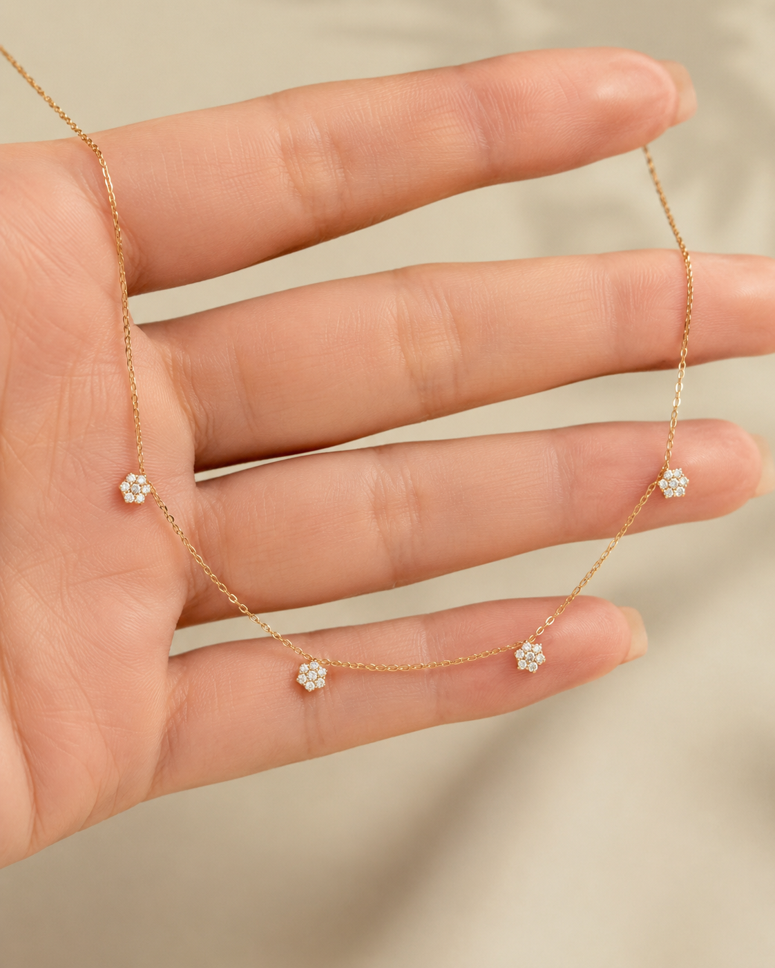 1 CT diamond floral station necklace in rose gold from Kiashaa Jewellery with fine chain and floral clusters