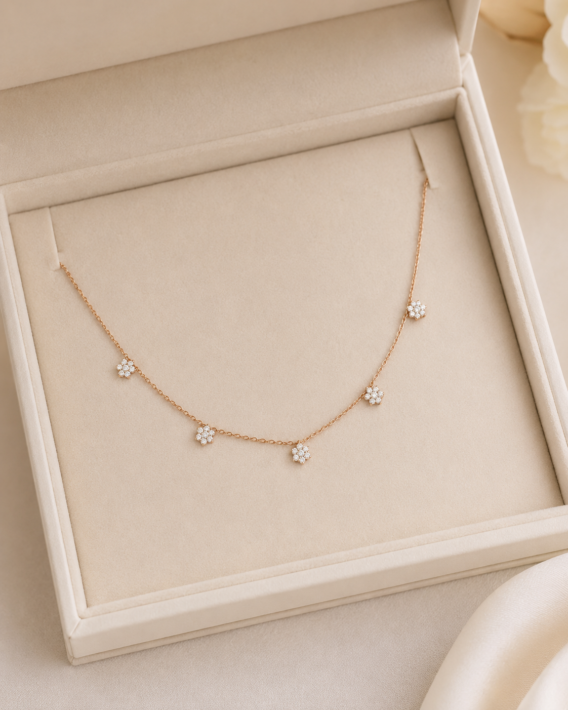 Rose gold 1 CT diamond floral necklace by Kiashaa Jewellery designed with spaced flower-inspired stations
