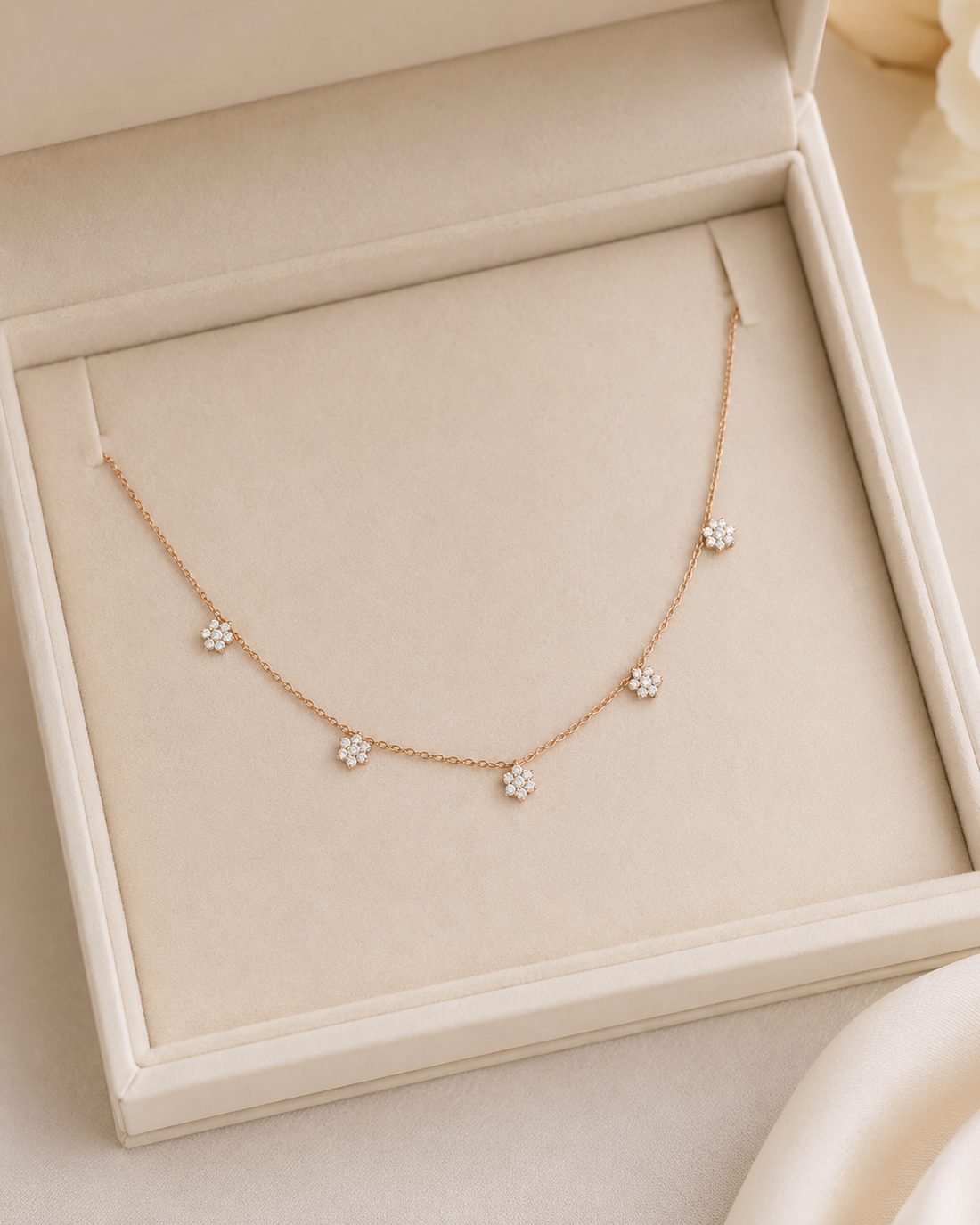 Rose gold 1 CT diamond floral necklace by Kiashaa Jewellery designed with spaced flower-inspired stations