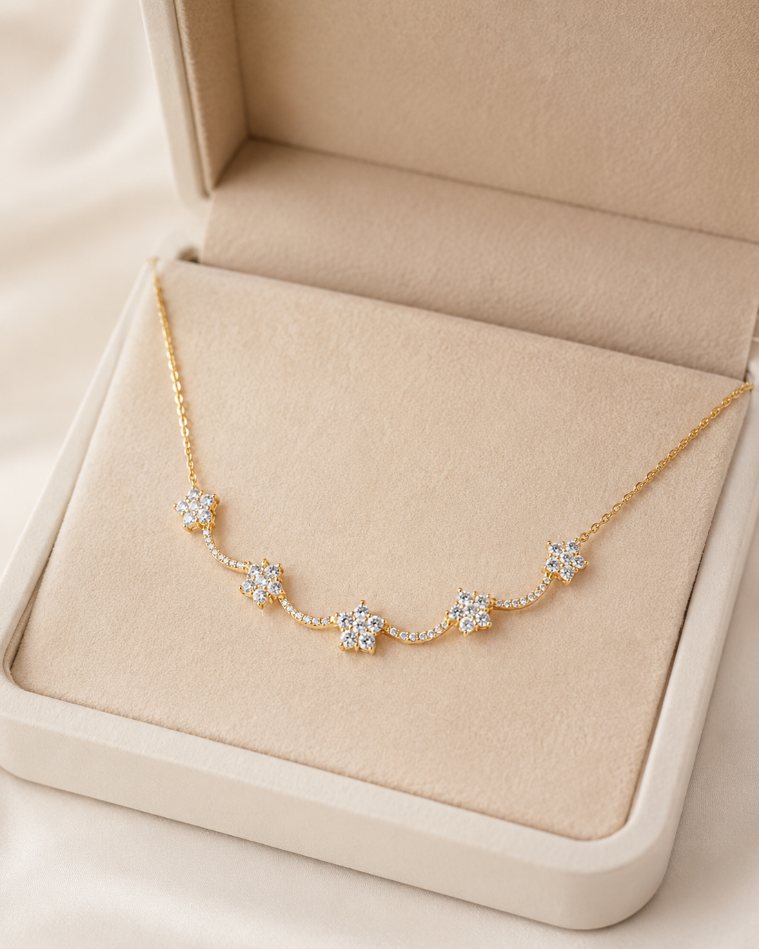A delicate gold chain necklace with five small star-shaped clusters of clear stones, displayed inside an open beige jewelry box.