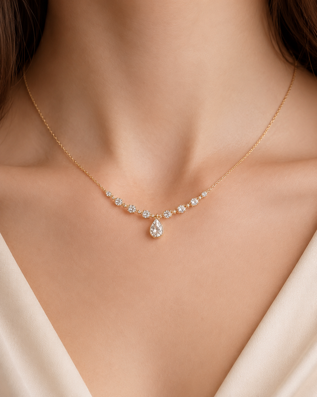 A delicate gold necklace with a curved row of small clear stones and a teardrop-shaped clear stone pendant, shown worn on a model's neck.