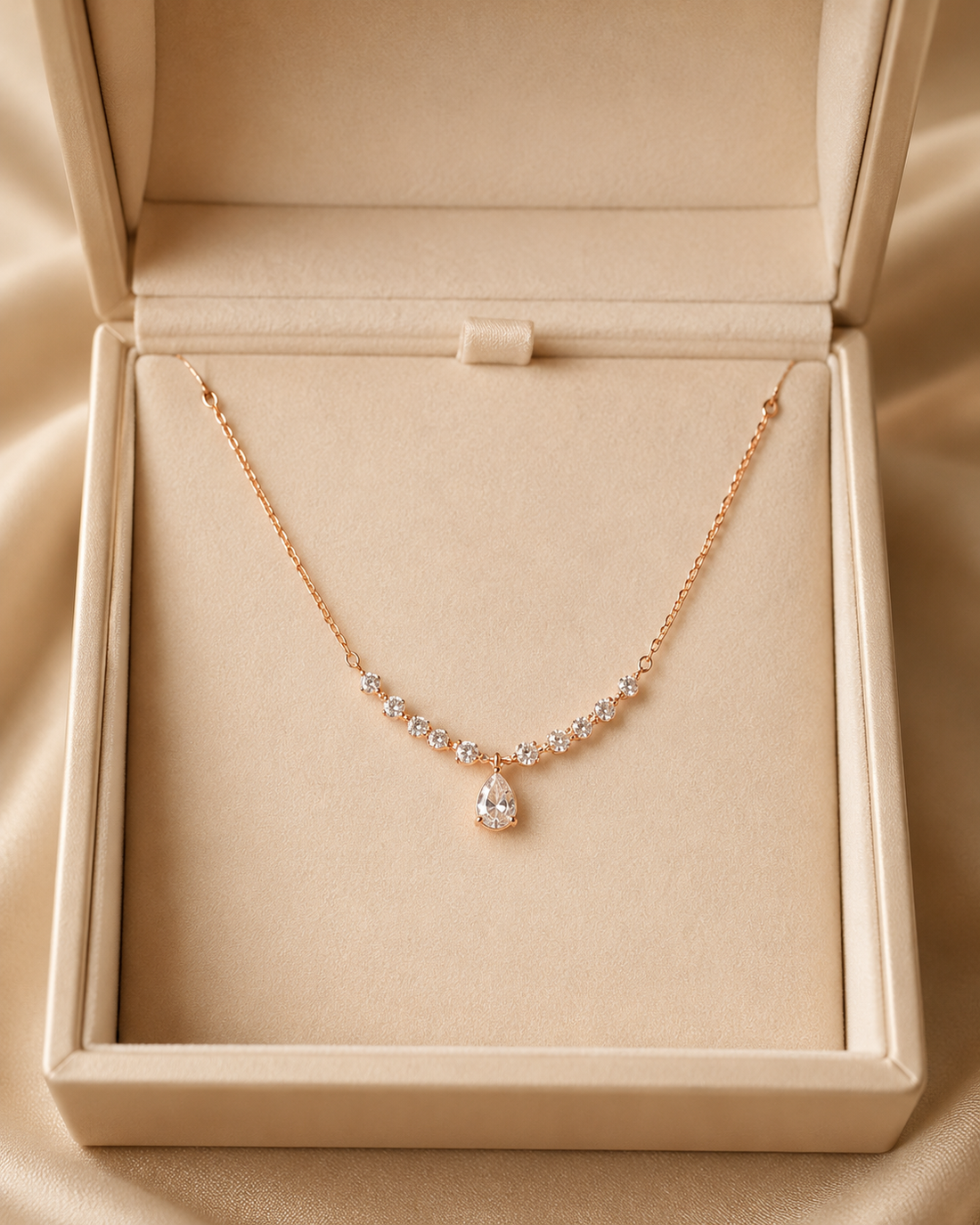 A delicate rose gold necklace with a small teardrop-shaped clear gemstone pendant, displayed inside an open beige jewelry box on a satin fabric background.