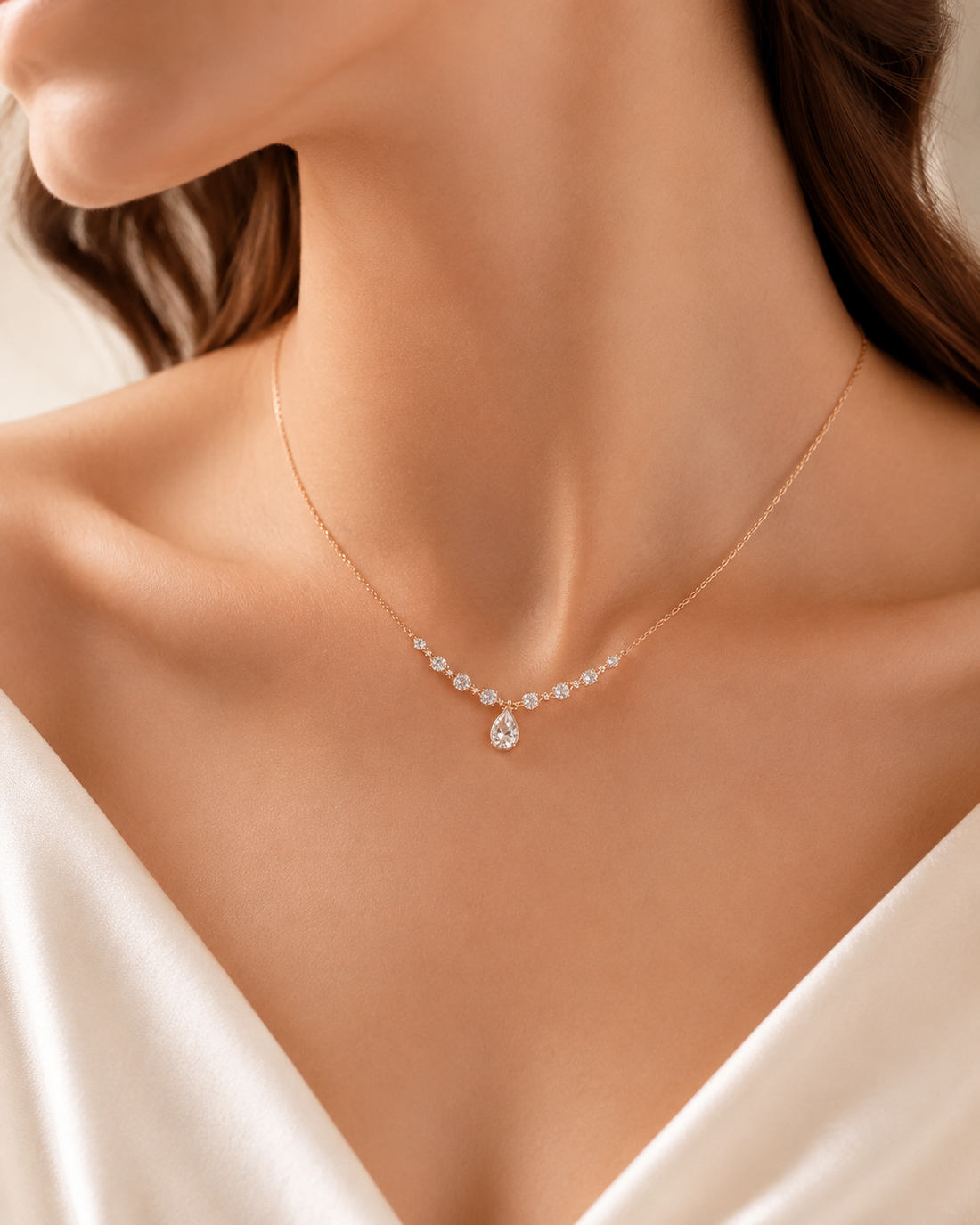 A delicate rose gold necklace with a small line of clear stones and a teardrop-shaped clear center stone, worn on a model's neck.