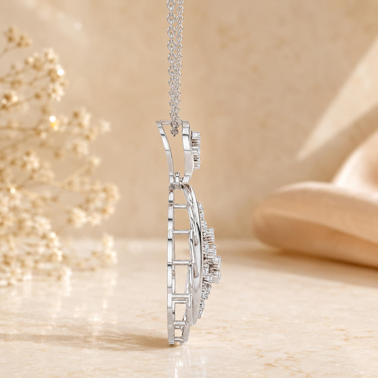 A silver-toned pendant necklace with a geometric openwork design and small clear stones, hanging from a matching chain against a warm beige background with soft decorative props.