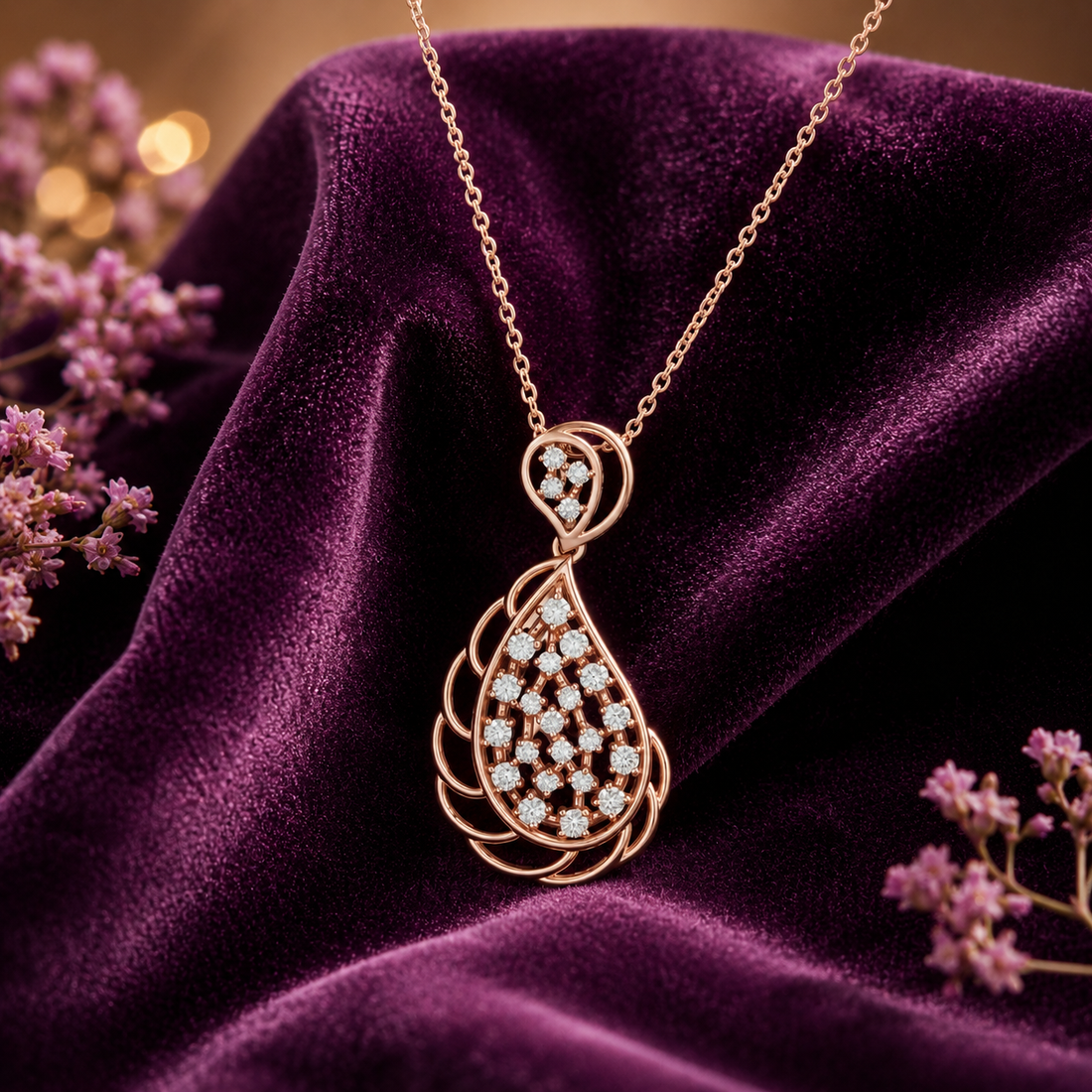 A rose gold teardrop pendant necklace with a diamond-studded center, draped elegantly on a rich purple velvet fabric backdrop with small pink flowers in the corners.