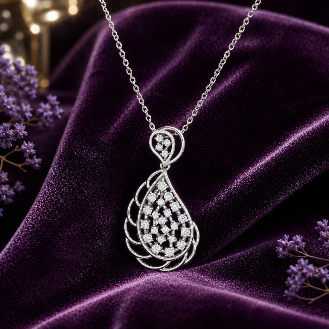 A silver teardrop pendant necklace with sparkling clear stones, displayed on draped purple velvet fabric with small purple flowers in the corners.