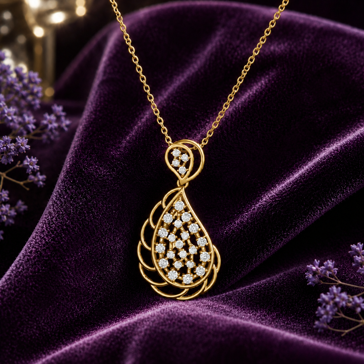 A gold teardrop pendant necklace with clear pavé stones, displayed on draped purple velvet fabric with small purple flowers at the sides.
