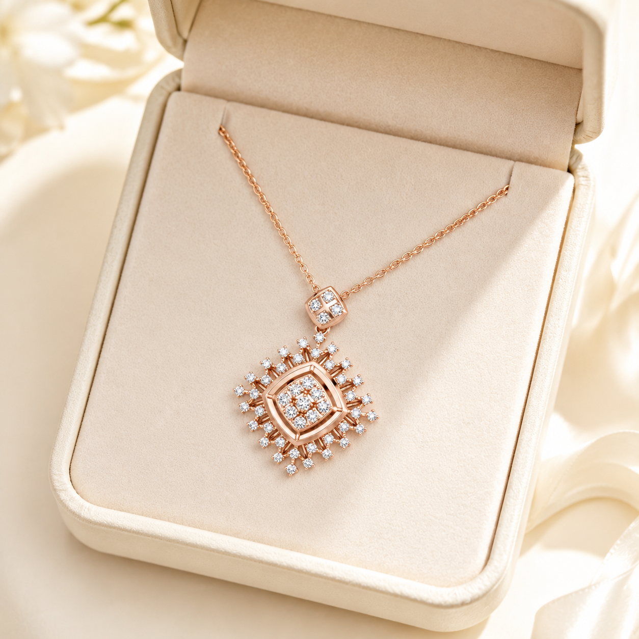 Rose gold pendant necklace with a diamond-encrusted square design, displayed in an open cream-colored jewelry box.
