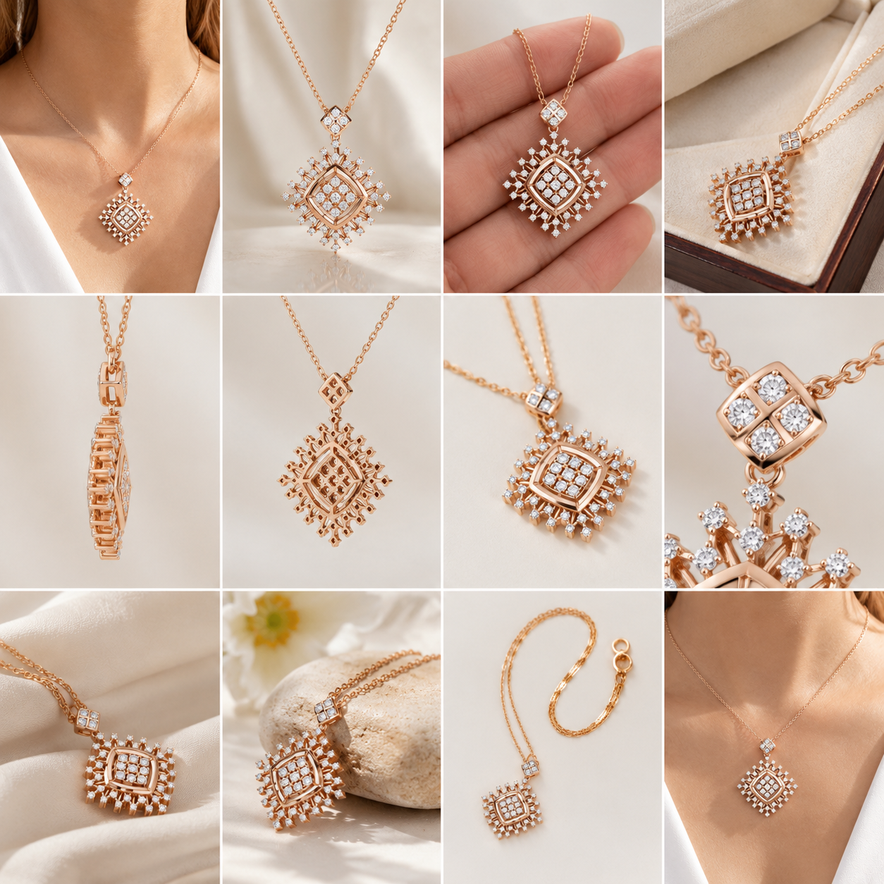 A 3x3 collage showing multiple close-up views of a rose gold pendant necklace with a diamond-like geometric design. The images include the necklace on a chain, worn on a model's neck, held in a hand, displayed on a jewelry box, and shown in detail of the pendant's facets and settings.