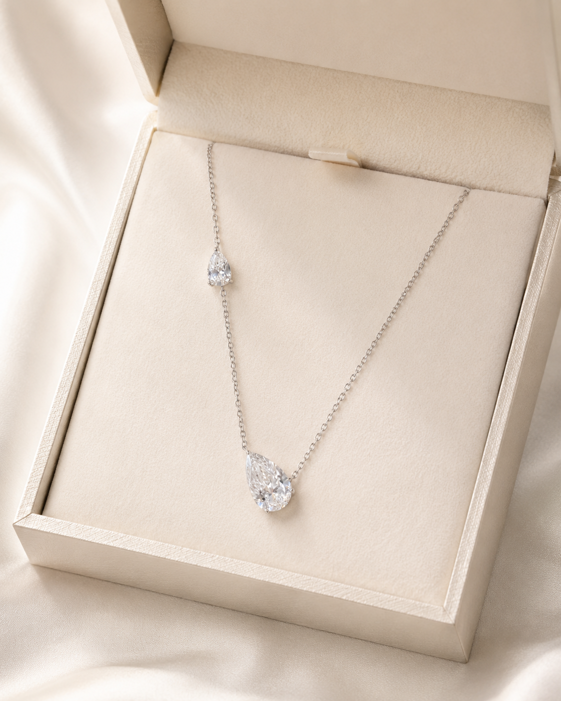 A silver-toned necklace with two clear teardrop-shaped stones, displayed inside an open cream-colored jewelry box on a soft satin fabric background.