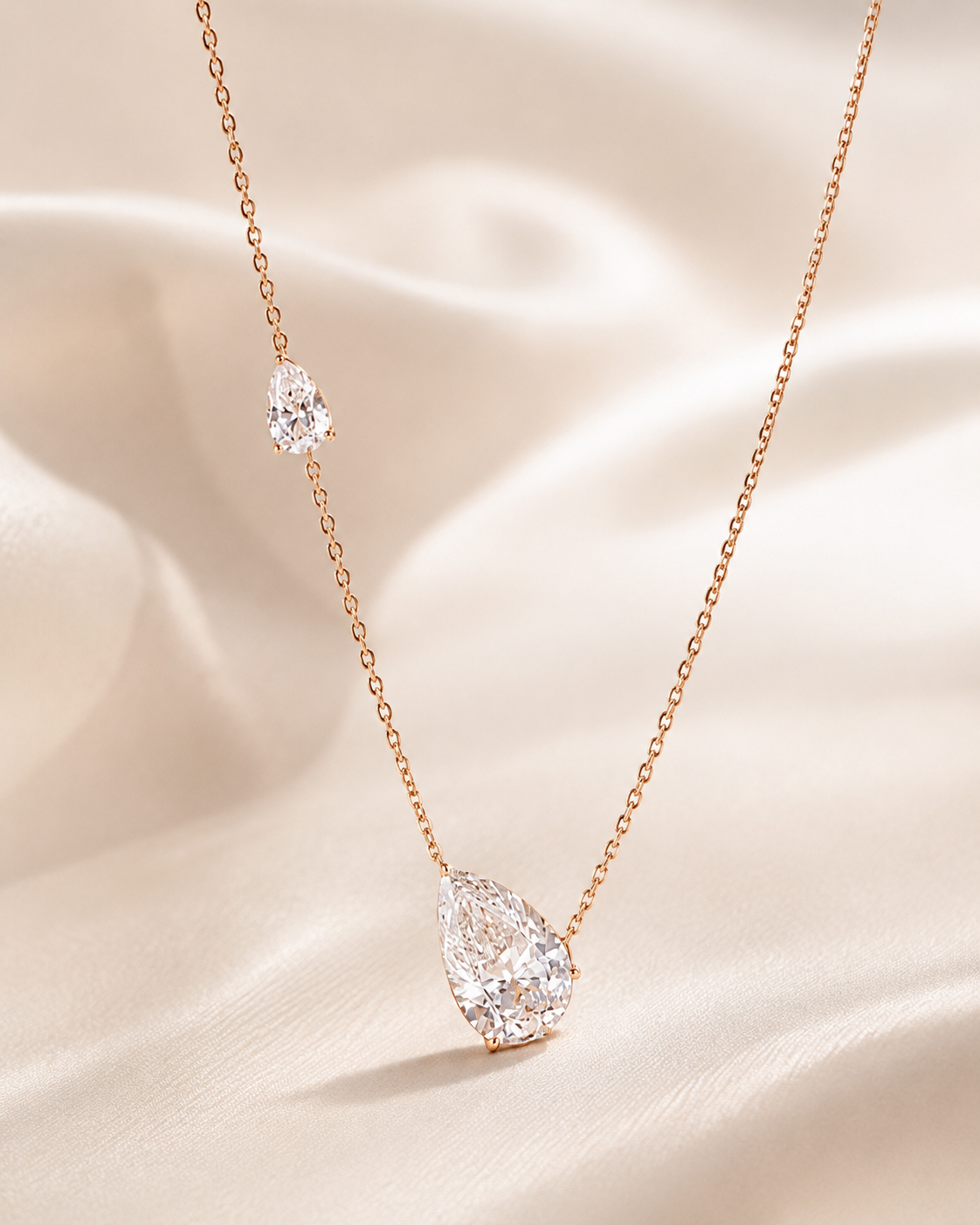 A delicate rose gold necklace featuring a pear-cut clear gemstone pendant and a smaller matching gemstone accent on the chain, displayed on a soft beige satin fabric background.