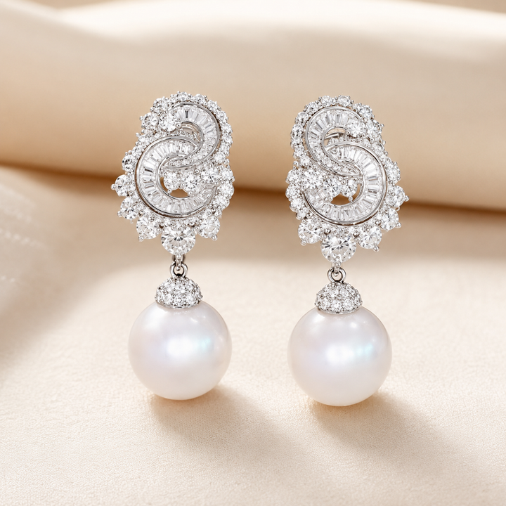 A pair of silver-tone drop earrings featuring a swirling S-shaped design paved with clear stones, with a large white pearl hanging below each earring, set against a soft beige fabric background.