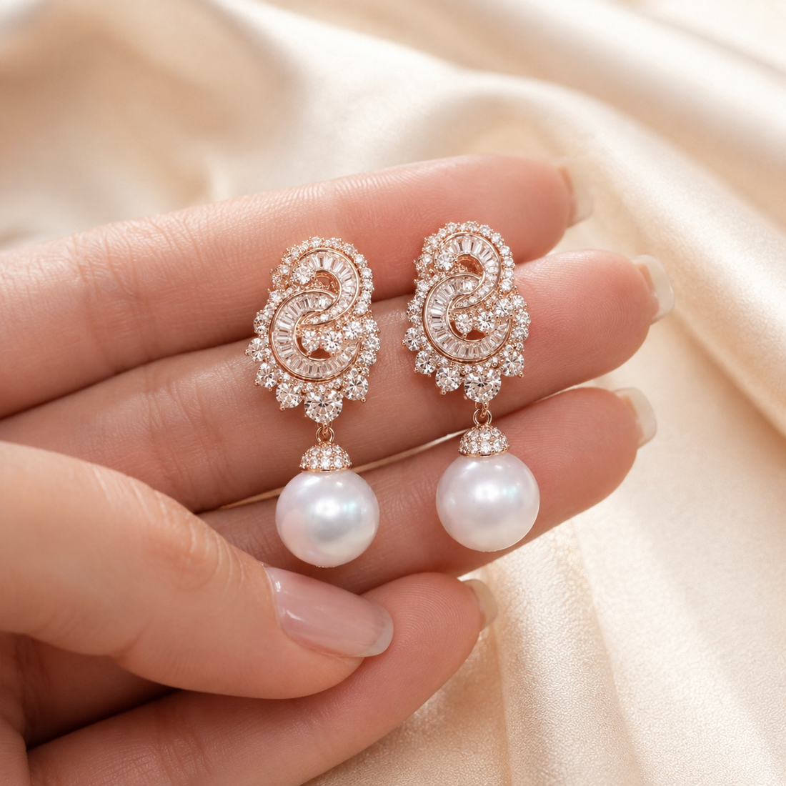 A pair of rose gold drop earrings with intricate pavé detailing and a single white pearl dangle, held on a person's fingers against a soft beige satin background.