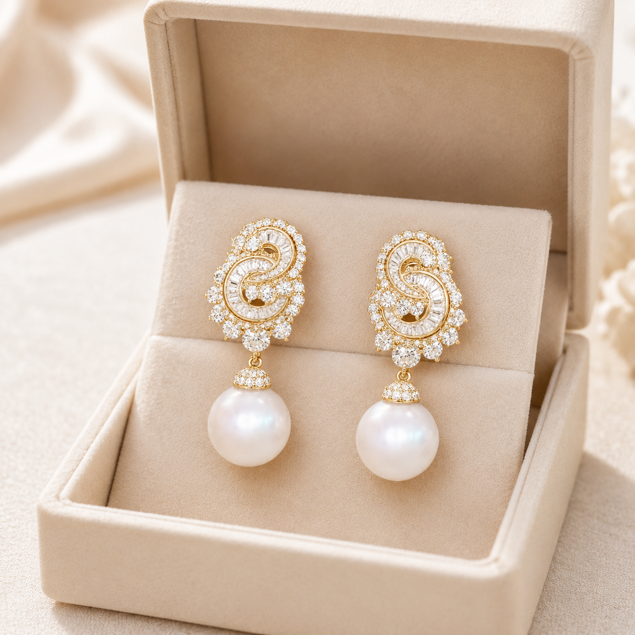 A pair of gold drop earrings with white pearl-like beads and clear crystal detailing, displayed in an open beige jewelry box.