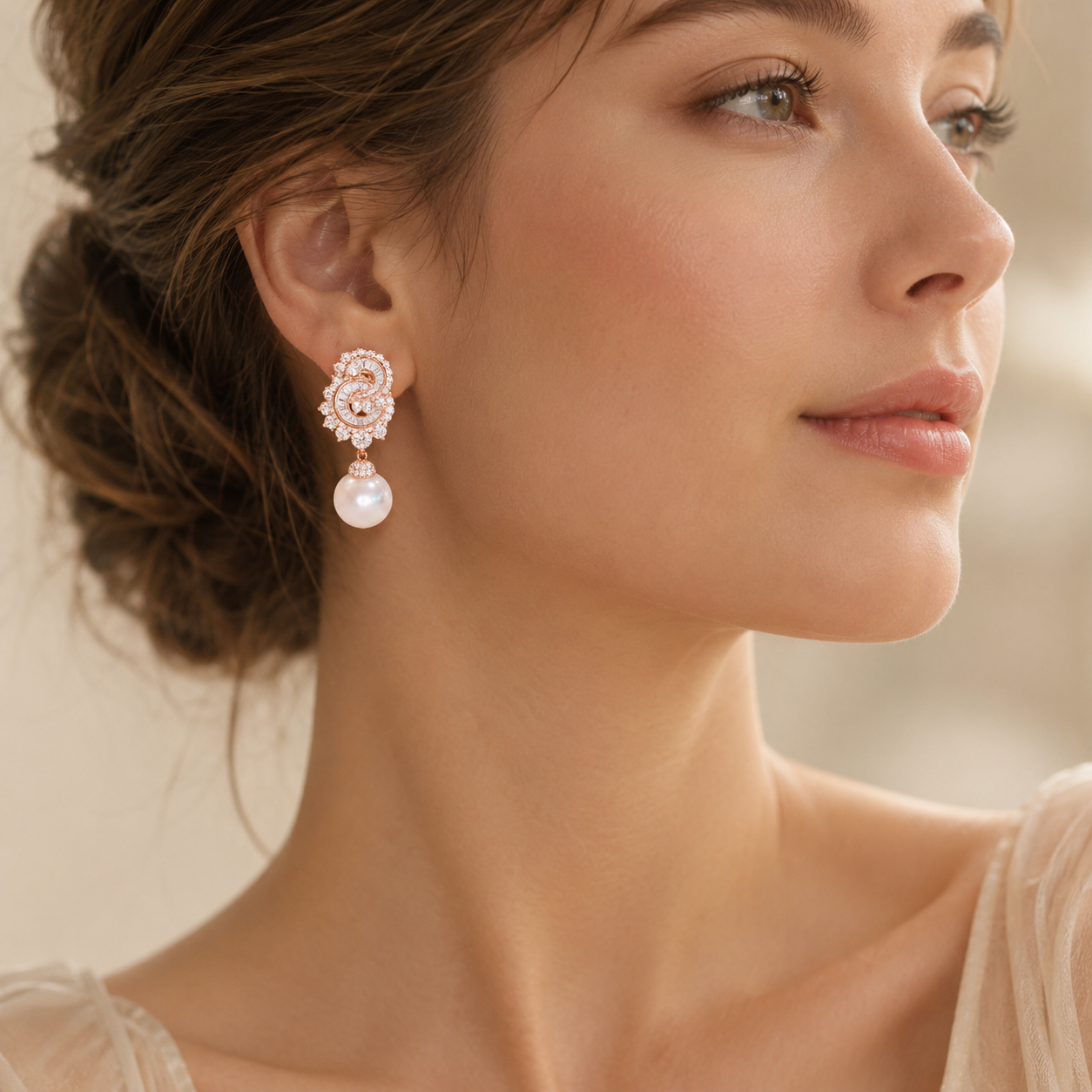 A close-up of a woman wearing a rose gold drop earring with a floral crystal cluster and a dangling pearl, set against a soft beige background.