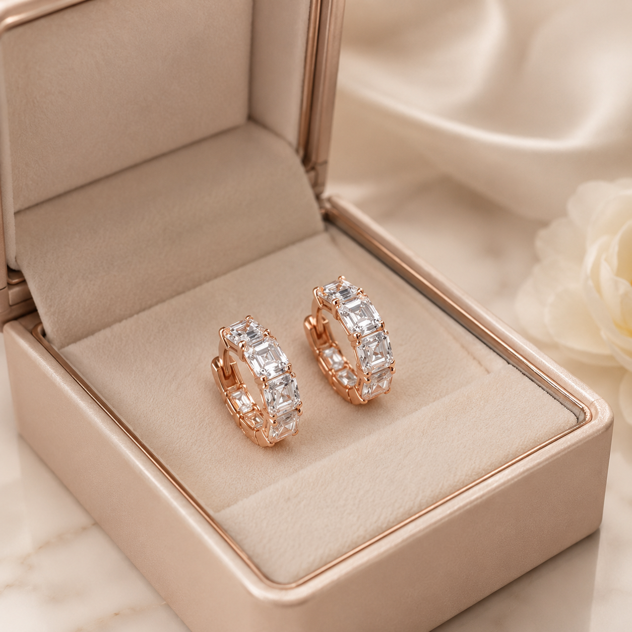 A pair of rose gold huggie hoop earrings with clear rectangular baguette stones, presented in an open champagne-colored jewelry box.