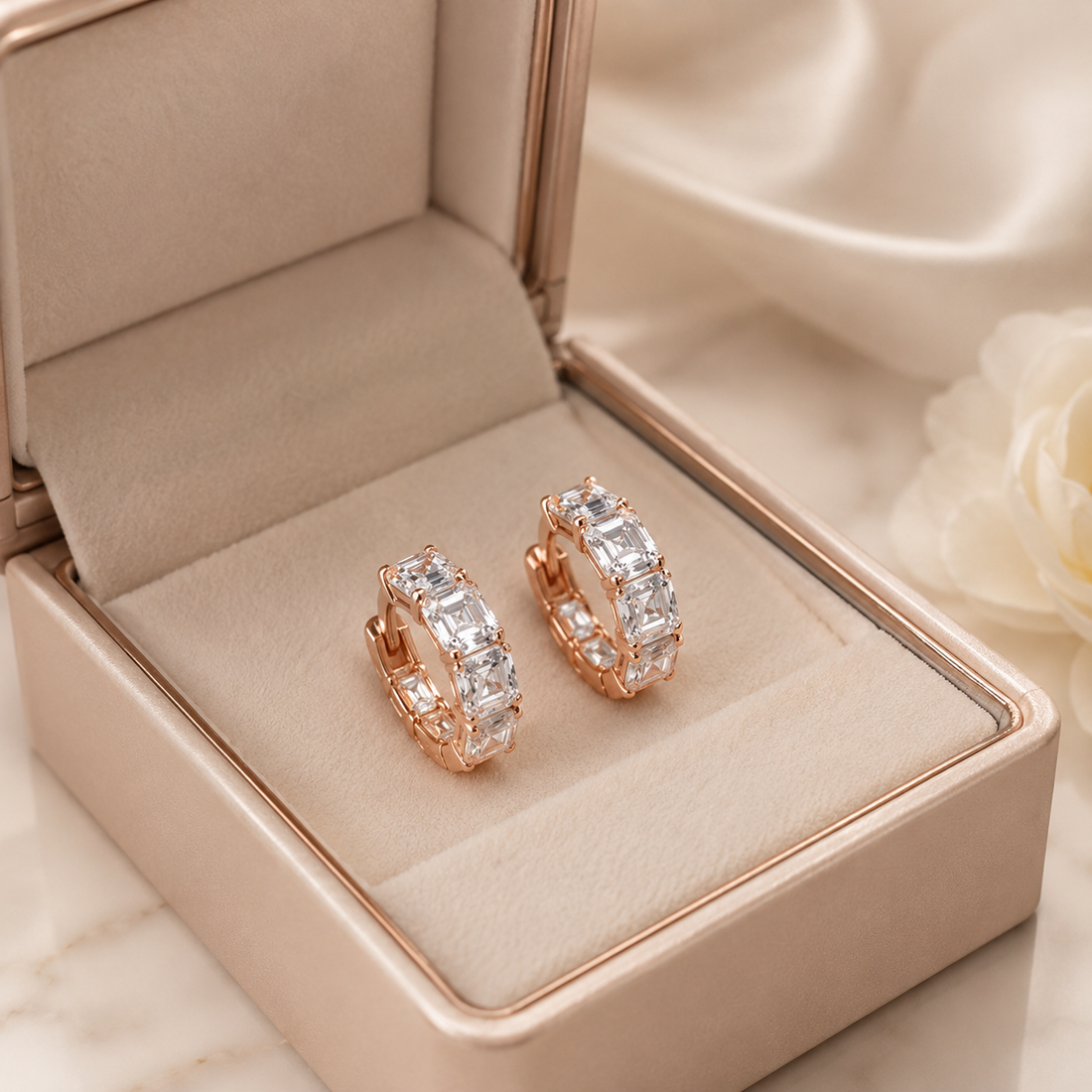 A pair of rose gold huggie hoop earrings with clear rectangular baguette stones, presented in an open champagne-colored jewelry box.