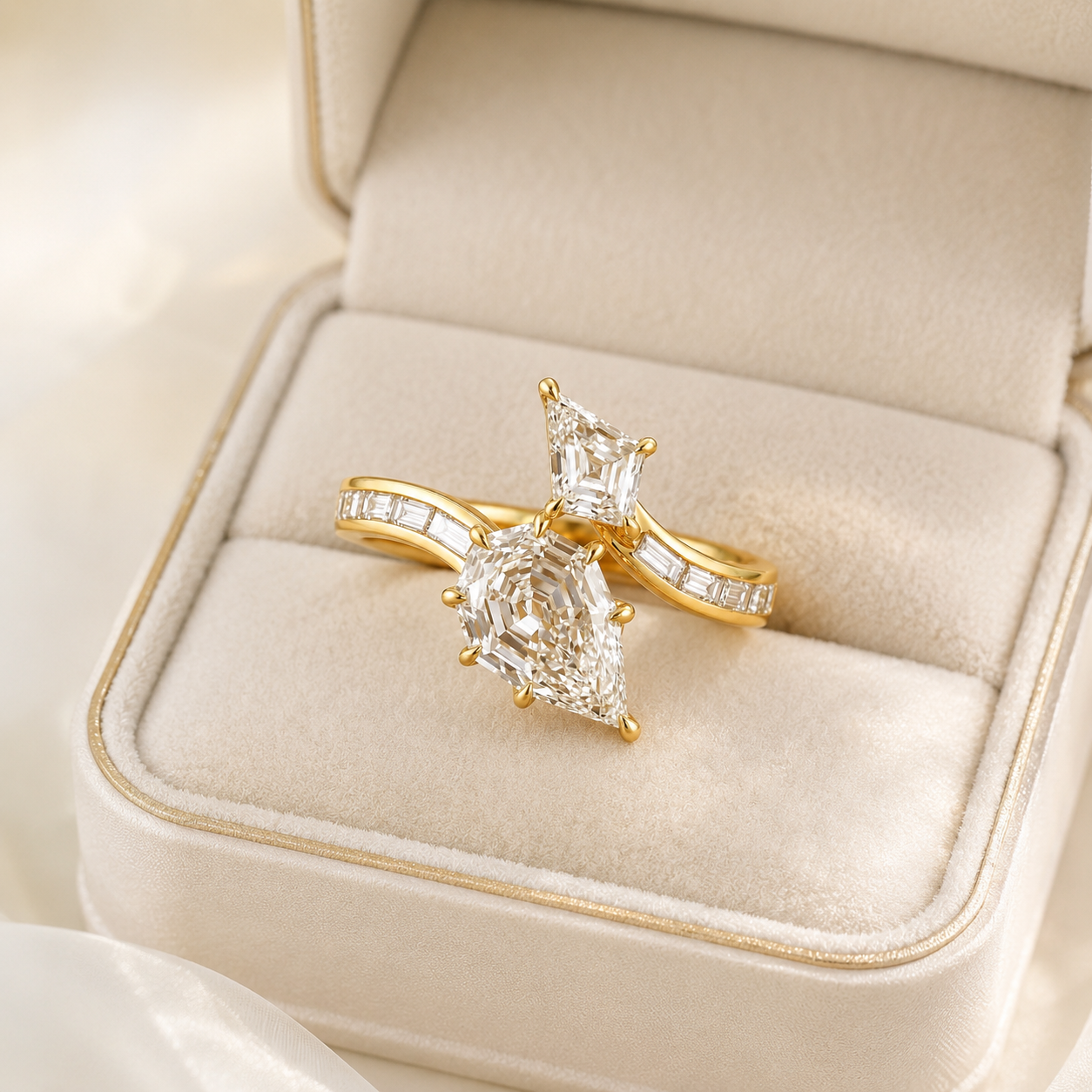 A gold ring set with clear gemstones displayed inside an open cream-colored velvet jewelry box. The set features a pear-cut center stone and a smaller marquise-cut stone, with channel-set side stones on the band.