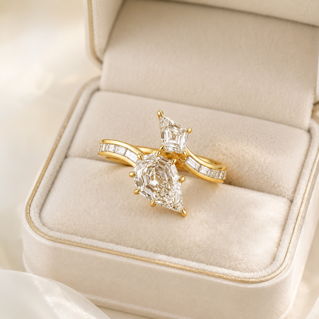 A gold ring set with clear gemstones displayed inside an open cream-colored velvet jewelry box. The set features a pear-cut center stone and a smaller marquise-cut stone, with channel-set side stones on the band.